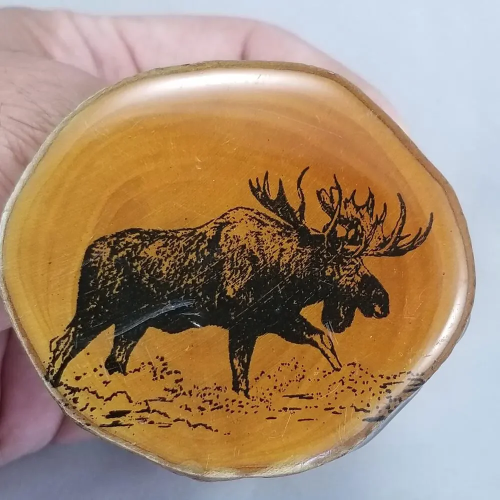 Vintage Belt Buckle‎ Thick Wooden Printed Moose Enamel Covered W/ Brass Hardware